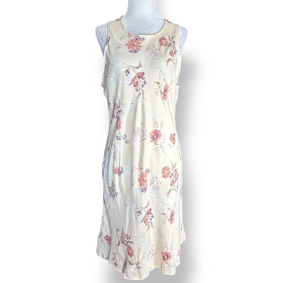 Vintage 90s Beige White Floral Sleeveless Mini Dress Open Keyhole Back Made USA - Picture 1 of 10